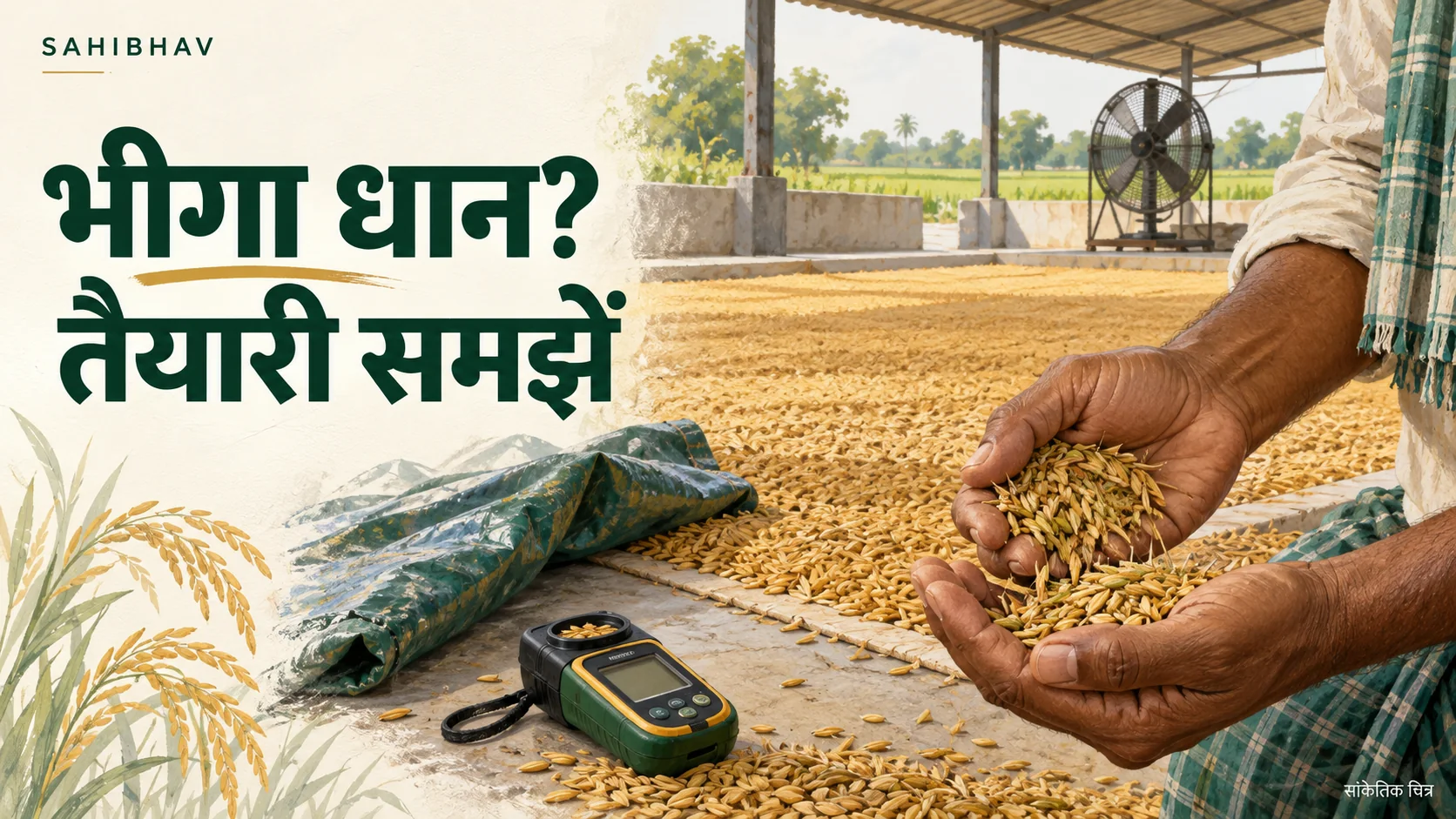 धान के दानों, नमी मापने के यंत्र और ढके हुए सुखाने के स्थान का सांकेतिक चित्र