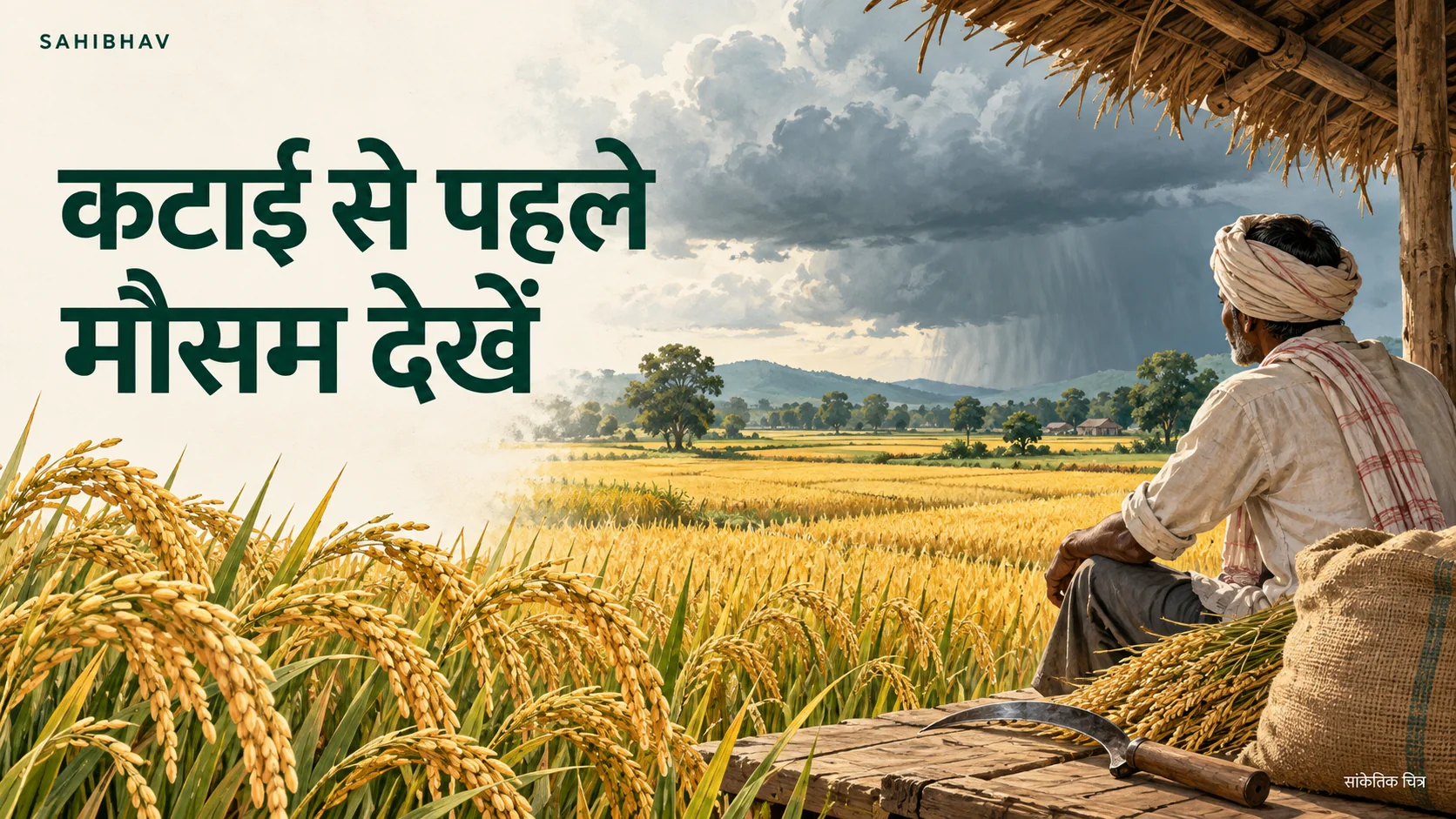 पके धान के खेत के पास किसान और ढकी हुई कटाई की उपज का सांकेतिक चित्र