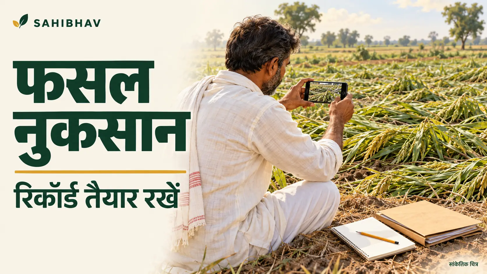 बारिश के बाद किसान खेत की तस्वीर और नुकसान का विवरण दर्ज कर रहा है; दस्तावेज़ों का सांकेतिक दृश्य