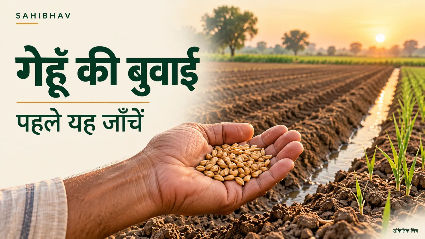 हथेली में गेहूँ के बीज; पीछे तैयार खेत की कतारें और सिंचाई की नाली का सांकेतिक दृश्य