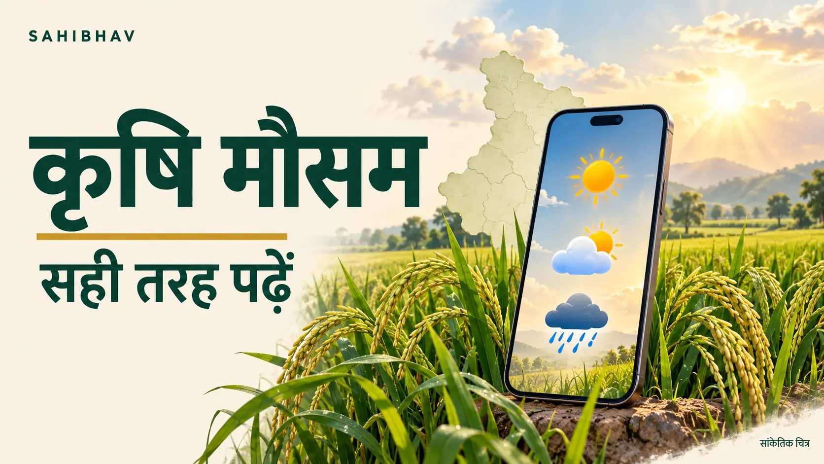 धान की बालियों के बीच फोन पर धूप, बादल और बारिश के प्रतीक; कृषि मौसम पढ़ने का सांकेतिक चित्र